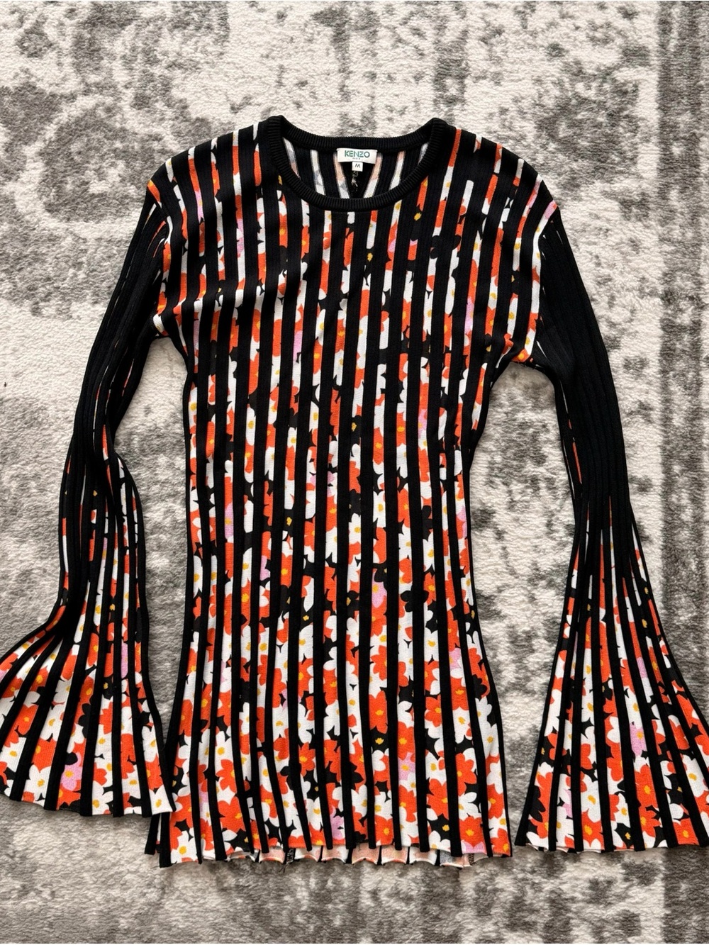 Kenzo Black Ribbed Floral Stripe Bell-Sleeve Top